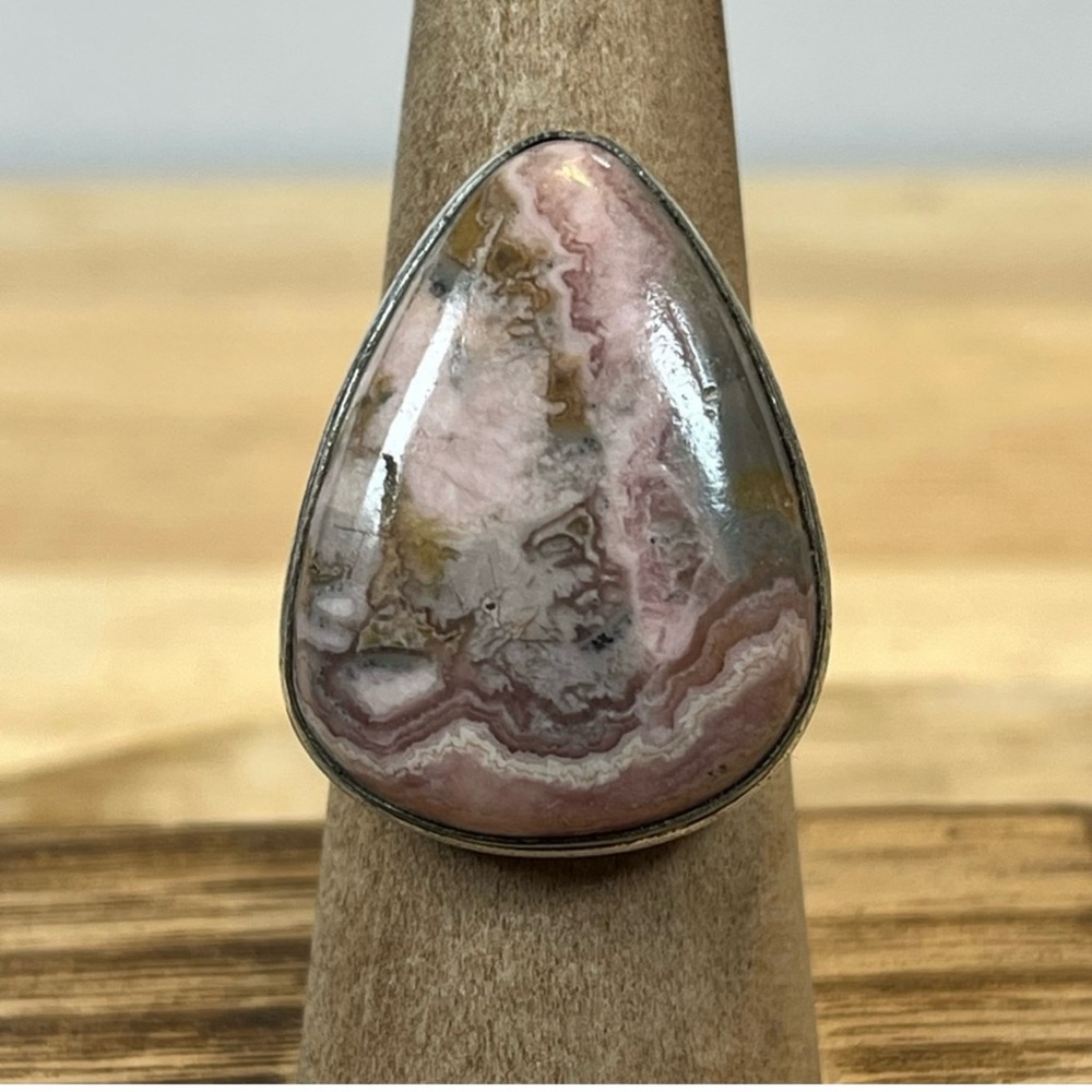 PYRITE IN RHODOCHROSITE 925 SILVER
OVERLAY GEMSTONE RING SIZE 8